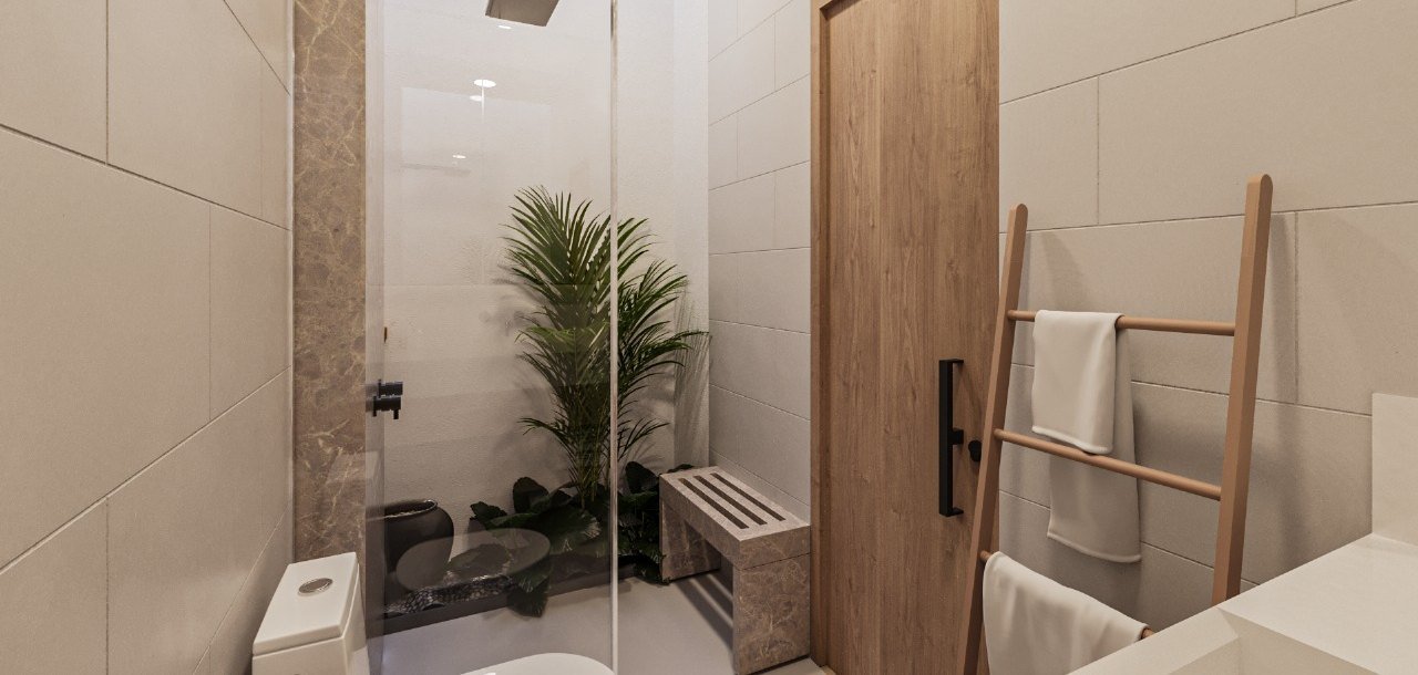 Walk-in shower with garden planting